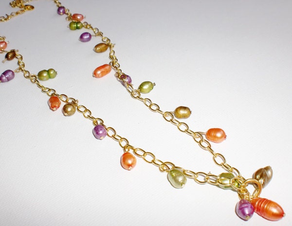 Pearl multi color nuggets necklace with gold plated chain