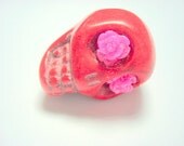 Gigantic Red Howlite Skull Bead or Pendant  with Pink Glitter Roses in Eyes