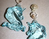 Water Drop Unicorn Earrings on Sterling Filigree Clip Ons