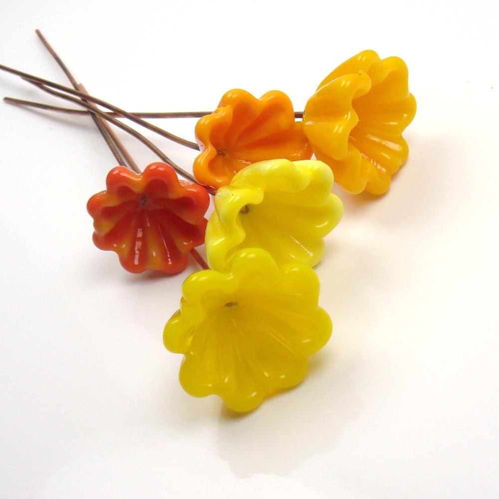 Lampwork glass Bell Flowers  -  Sunshine  Bouquet  -  bright  flower headpins on copper, yellow, orange, tangerine - feyglass
