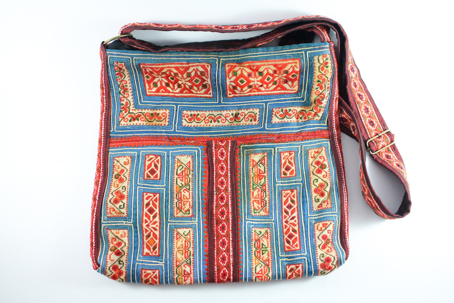 Rare blue vintage tribal cross-body bag,  Flowers pattern on Hmong hill tribe embroidery, Gypsy/bohemian style