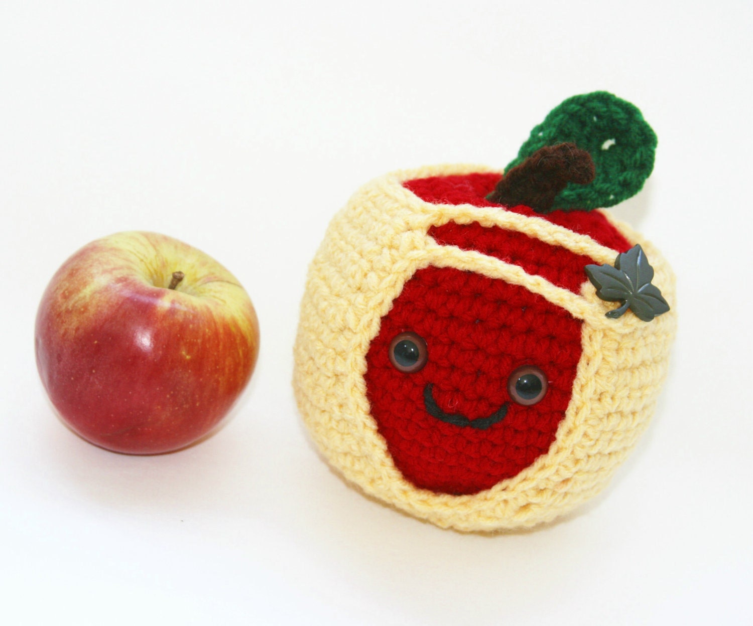 Apple red with yellow button jacket cozy large set crocheted in bright red with green leaves. Teacher gift toy or decor