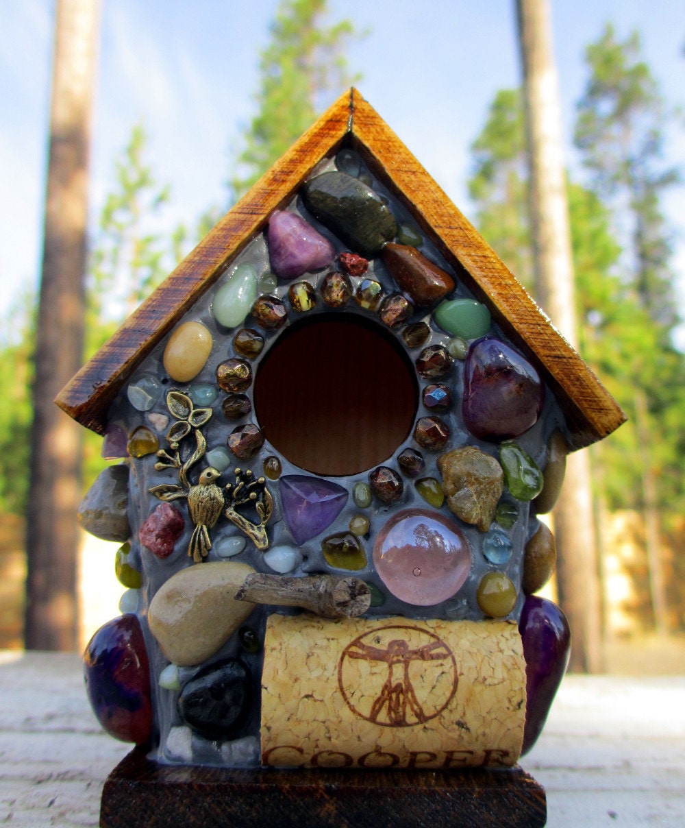 Whimsical garden birdhouse with Colorful agates and wine corks