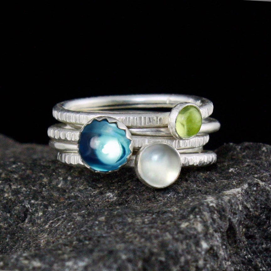 Silver Gemstone Stacking Rings, Set of 5 - Blue Topaz, Peridot, White Moonstone - FREE shipping