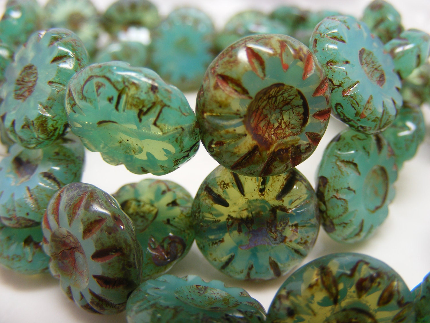 CLEAR WATERS Czech Carved Coin, Czech Pressed Glass Beads, 13mm 6 each, Picasso Glass Beads, green, turpuoise, aqua, transparent,