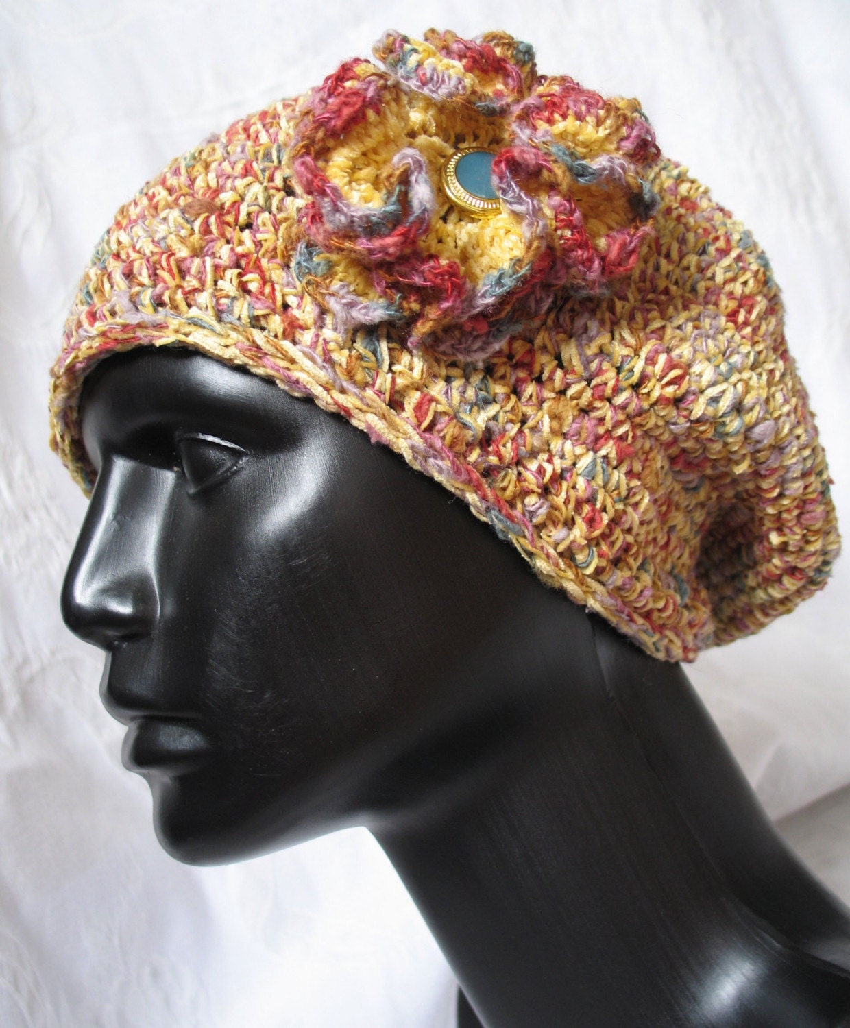 Velvety GOLDEN AUTUMN SLOUCH / Beret with detachable Flower Pin