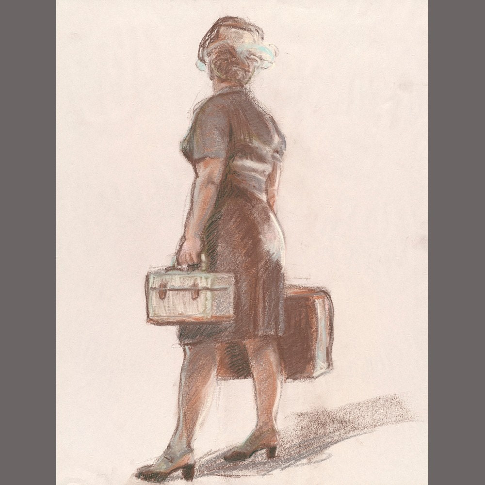 Traveling Woman with Bags, print of drawing, 5.25 x 6.25