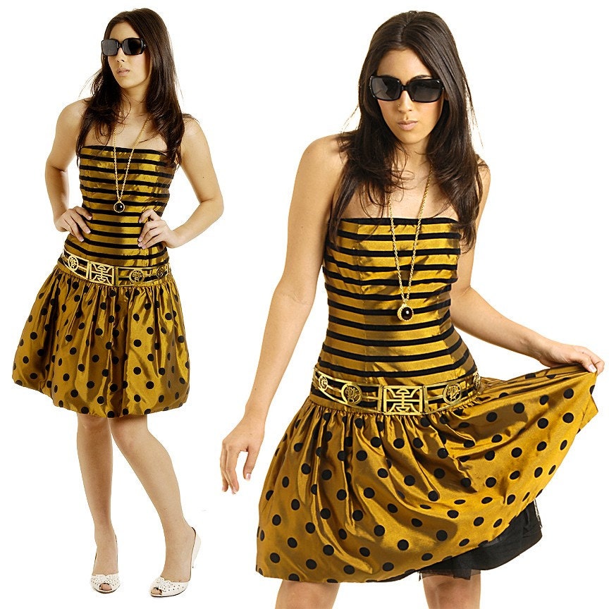 Strapless Gold Dress / Black Stripes and Polka dots / Vintage 1980s Golden Gal CRINOLINE Party XS/S