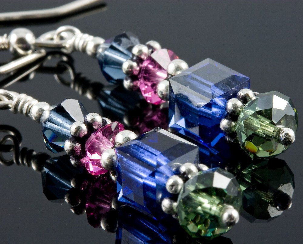 Delicious Medley II ...Deep Blue Green Swarovski Sterling Earrings