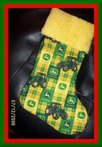 Yellow and Green Check John Deere and Chenille Handmade Christmas Stocking FREE US and Canada SHIPPING