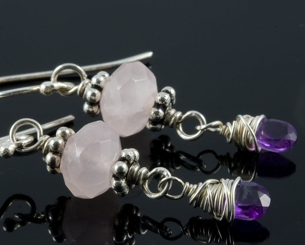 Mix It Up...Rose Quartz Wire Wrapped Amethyst Sterling Earrings