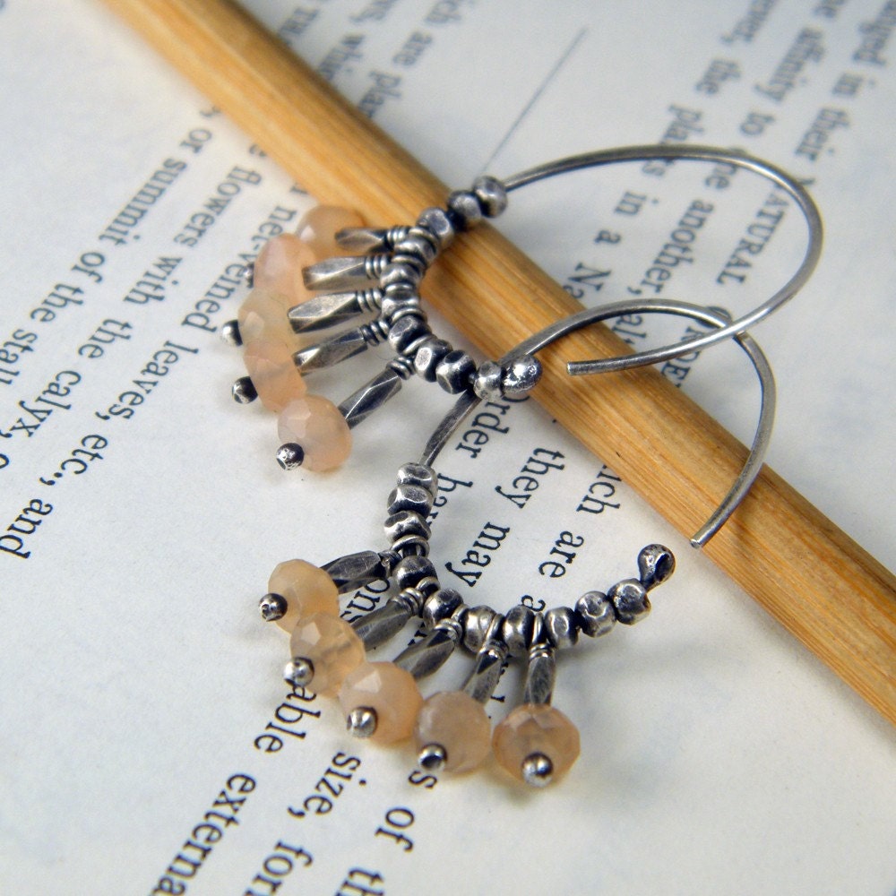 Hammered Hoops with Pink Moonstone and Fine Silver