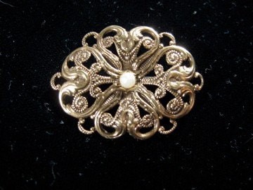 Vintage Brass Filigree Faux Pearl Pin Brooch