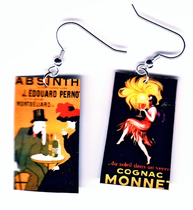 vintage poster Earrings cognac and absinthe Photo Jewelry