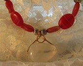 Rose Quartz and Red Glass Flowers Necklace Earring Set