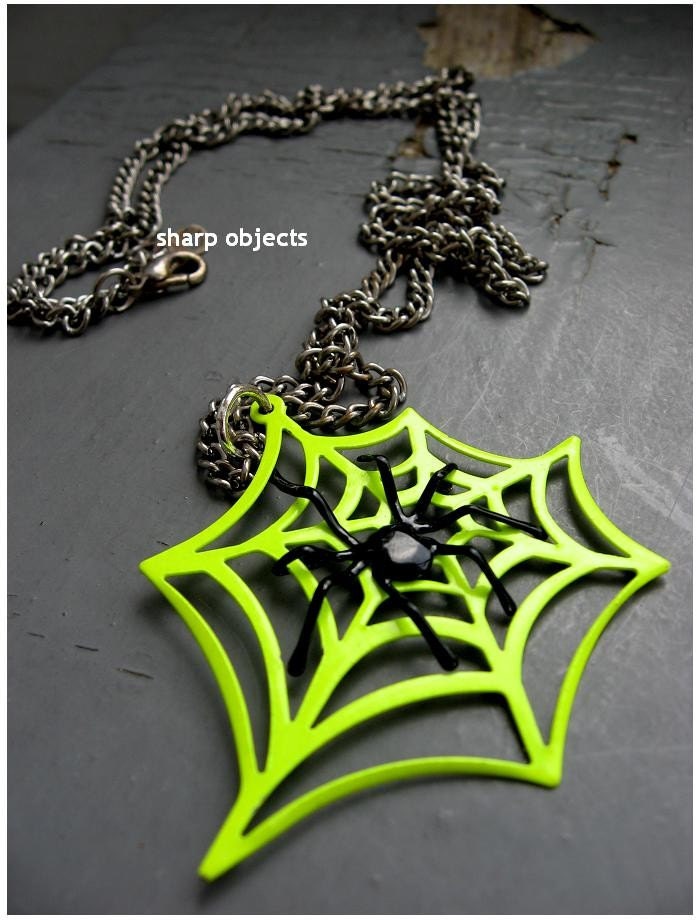 NEON - miniature spider and cut out web pendant, silver chain NECKLACE