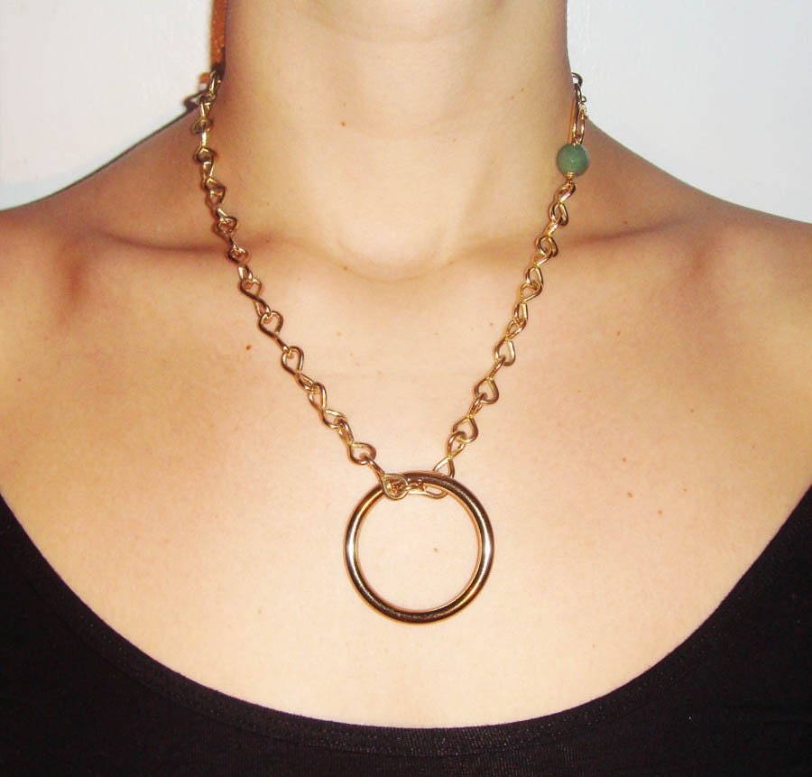 Vintage Curtain Ring Pendant and Chain with a Green Beaded Accent on Clasp