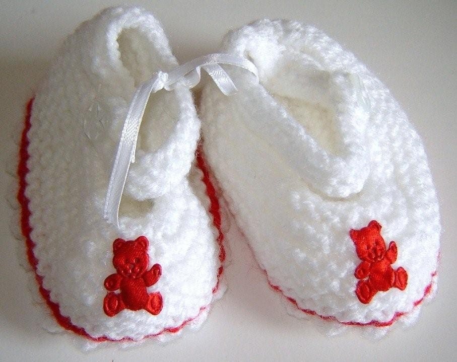 White and Red Teddy Accent Knit Maryjane Baby Shoes