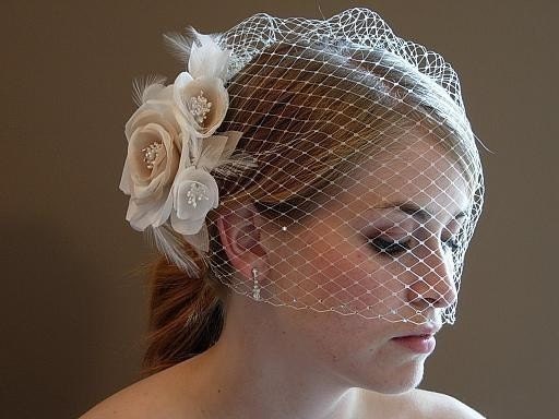 Ivory Blusher Birdcage Veil with Double Swarovski Rhinestone Edge with Detachable Ivory And Champagne Flower Fascinator
