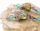 Czech Aqua Earrings - Brass and Picasso Glass