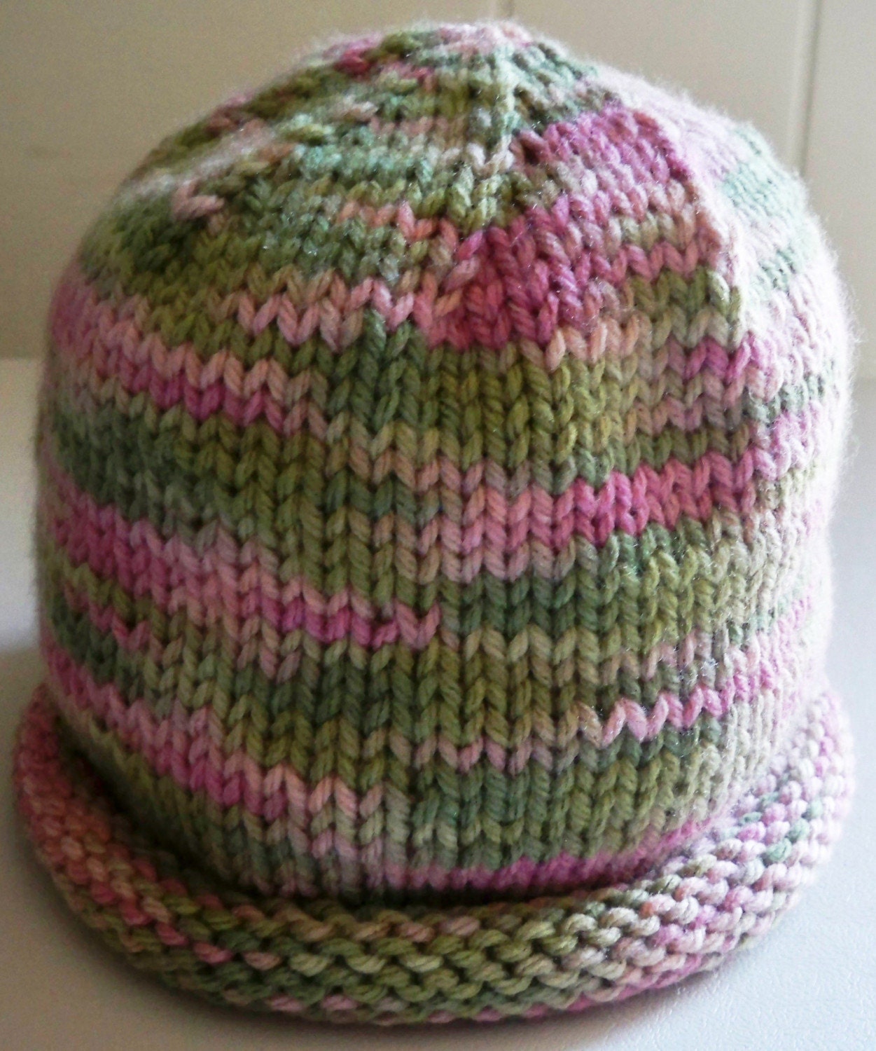 Hand Knit Baby Hat - ROSEY POSEY - Rose pink and soft green roll brim
