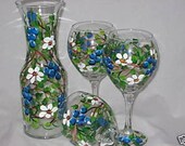 HAND PAINTED WINE GLASSES AND CARAFE WITH BLUEBERRIES