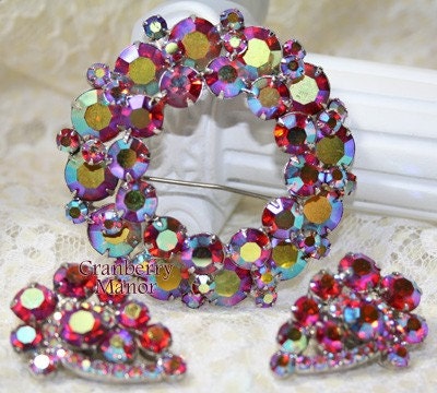 Vintage Pink AB Rhinestone Brooch and Earrings Demi by DandE/Juliana
