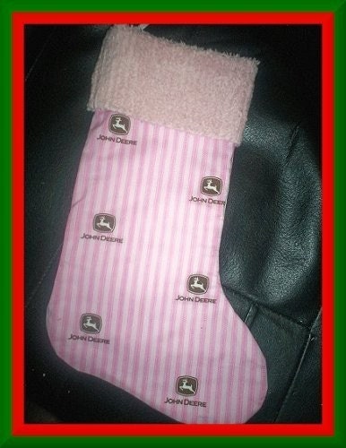 Pink John Deere and Chenille Handmade Christmas Stocking with FREE US and Canada SHIPPING