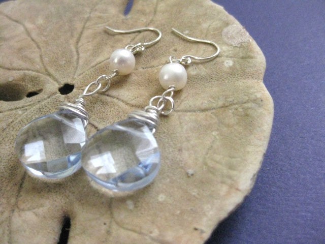 SALE Raindrop Blue Quartz and Pearl Sterling Silver Earrings