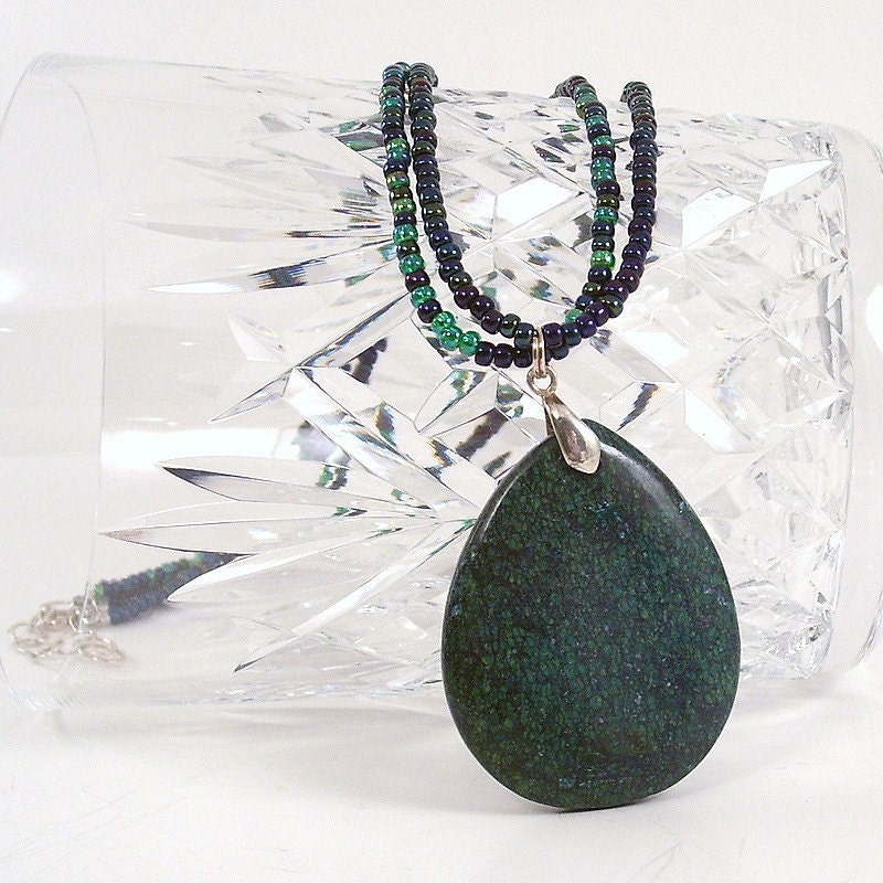 Dark Blue Green Necklace Chrysocalla Jasper Pendant Seed Bead