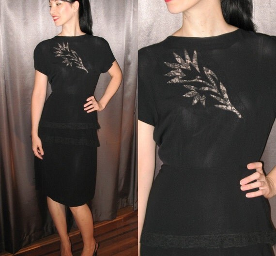 HOLIDAY SALE Vintage 1940's Black Rayon Lace Illusion Double Peplum Dress L