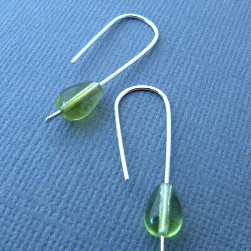 mini modern silver earrings- olivine green teardrop