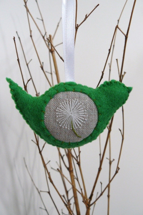 Green Lavender Scented Bird Christmas Decoration with Dandelion Embroidery