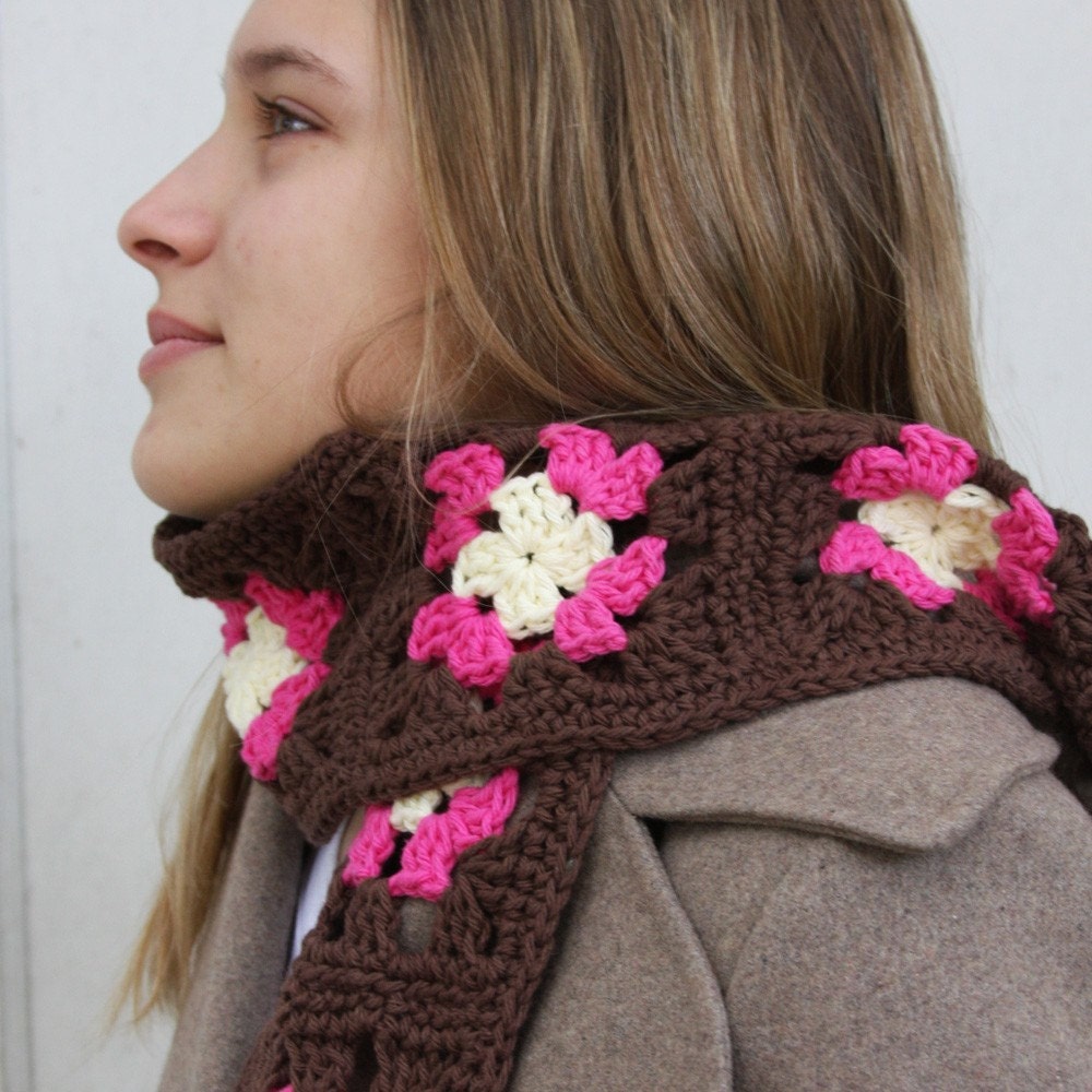 Valentine Cream, Pink, and Brown  Hot Granny Squares Scarf