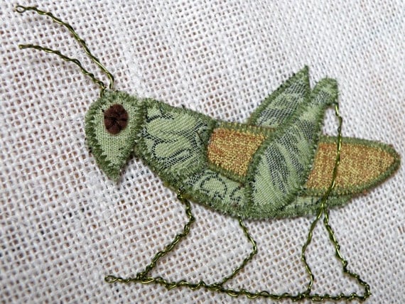 Handmade Fabric Insect Brooch -  Grasshopper - Textile Artisan Jewelry
