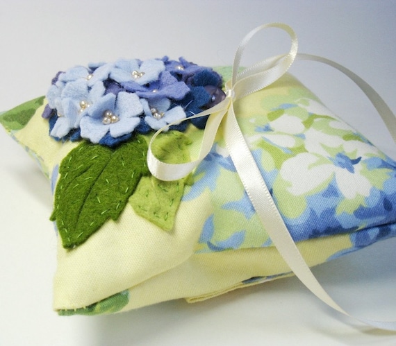 Whimsical Wedding Ring Bearer Pillow with Wool Felt Hydrangea Flower in 