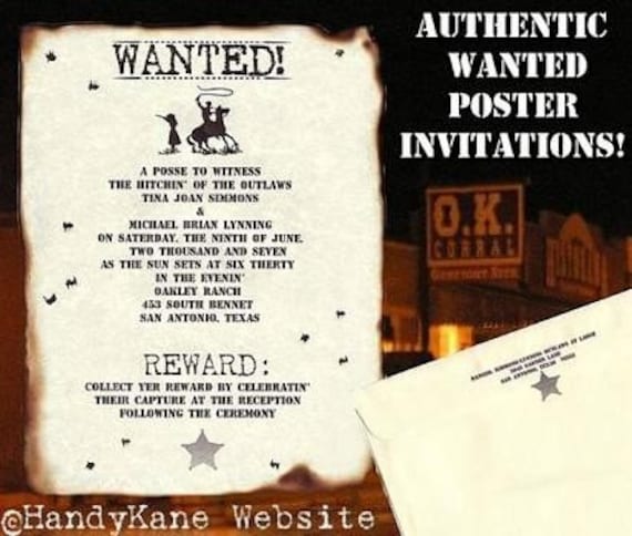 WANTED poster Western Cowboy Wedding SCROLL Invitations 35 Package Wedding