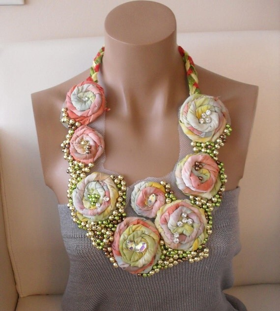 Spring Breeze Pure Cotton Fabric Pearls with swaroski crystal bib necklace