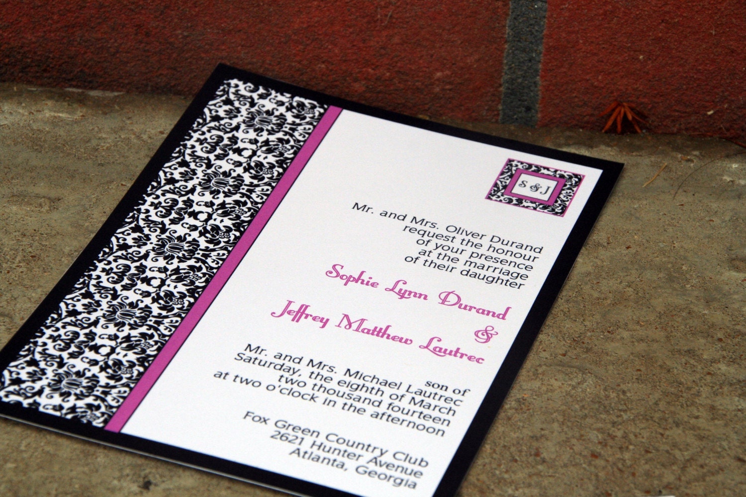Magenta and Black Modern Non Traditional Damask Wedding Invitation and RSVP