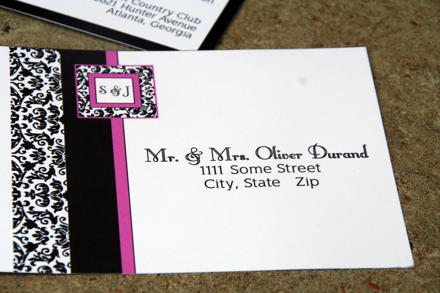 Magenta and Black Modern Non Traditional Damask Wedding Invitation 