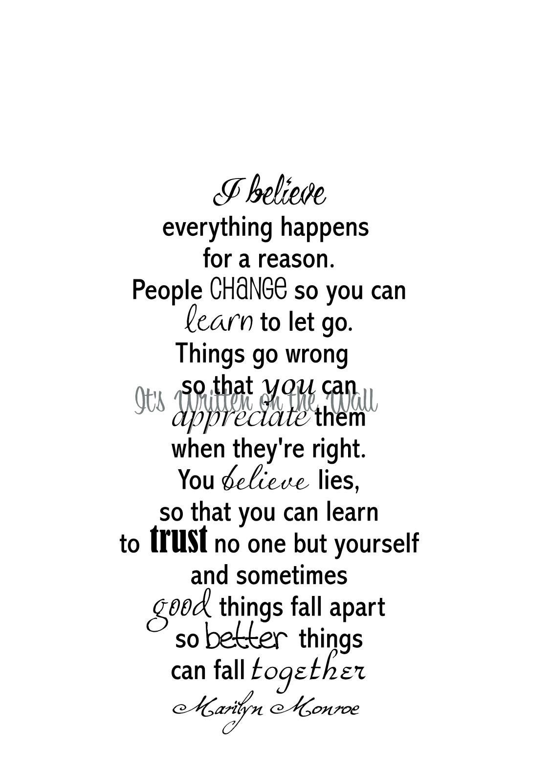 Marilyn Monroe Quote I Believe Everything happens for a reason Vinyl 