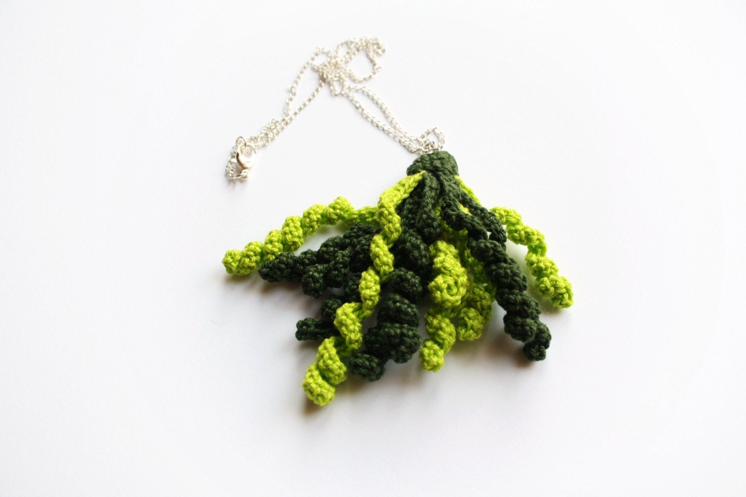 SALE - crochet twisted wire green pendant - mad octopus with metal chain