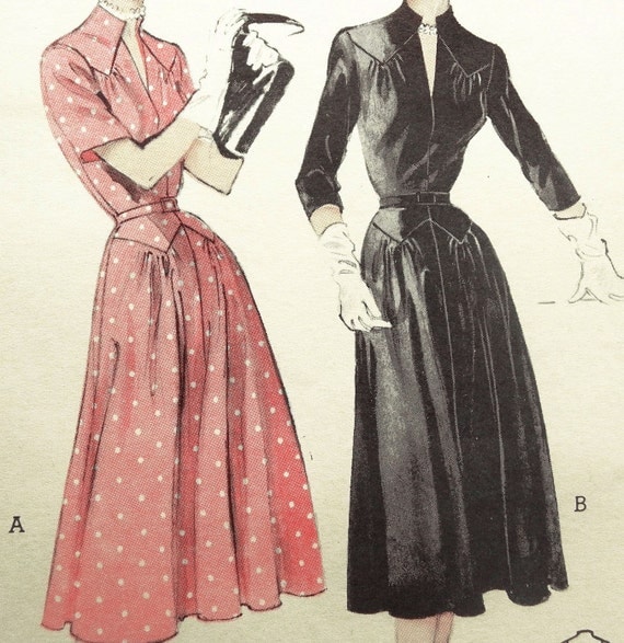 1950s Butterick 6499 Vintage DRESS Pattern Stand Up Collar SLIMMING Yoke Skirt Bust Size 34 Uncut FF