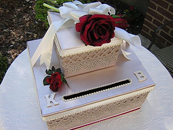 Wedding Card Money Box VICTORIAN Inspired Taupe LACE Faux Pearls Roses
