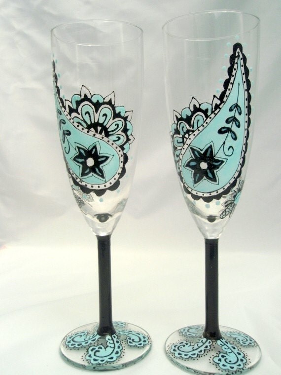 Turquoise and Black Paisley Damask Champagne Flutes From PickleLilyDesign