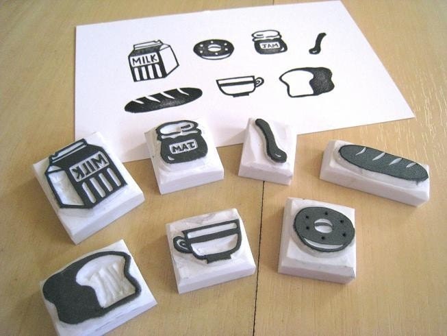 Yummy Breakfast - Set of 7 Handcarved Rubber Stamps