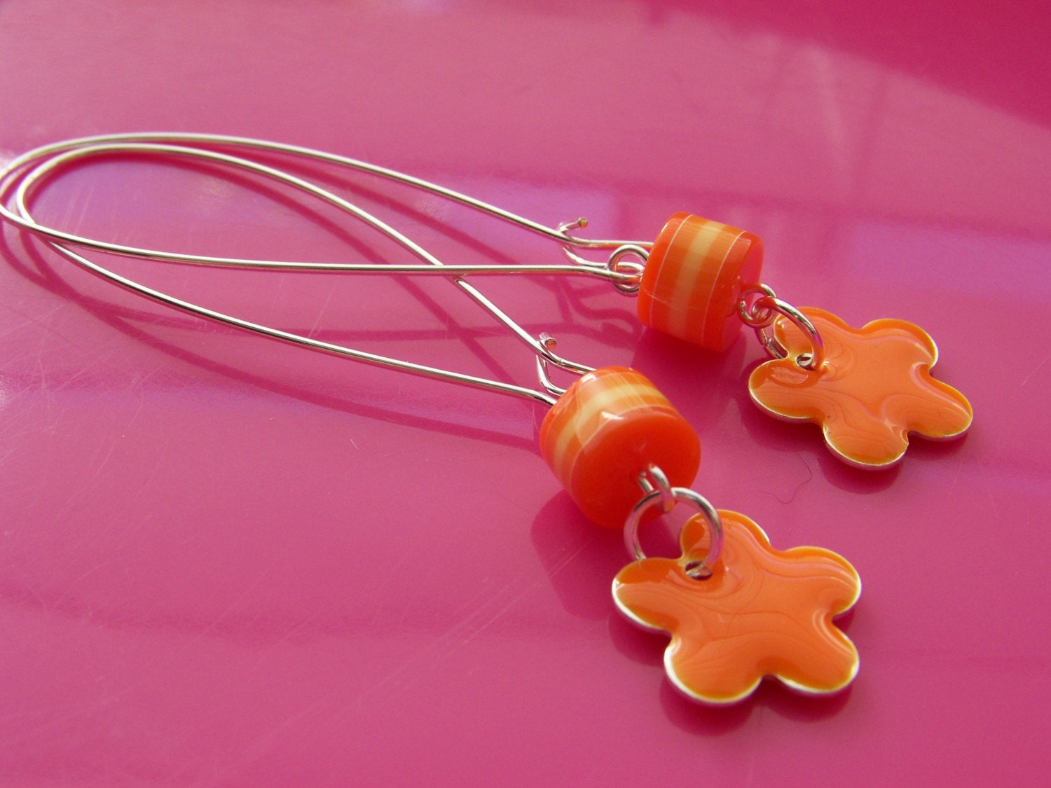 earrings - SUMMER citrus orange enamel flower drops - FREE SHIPPING