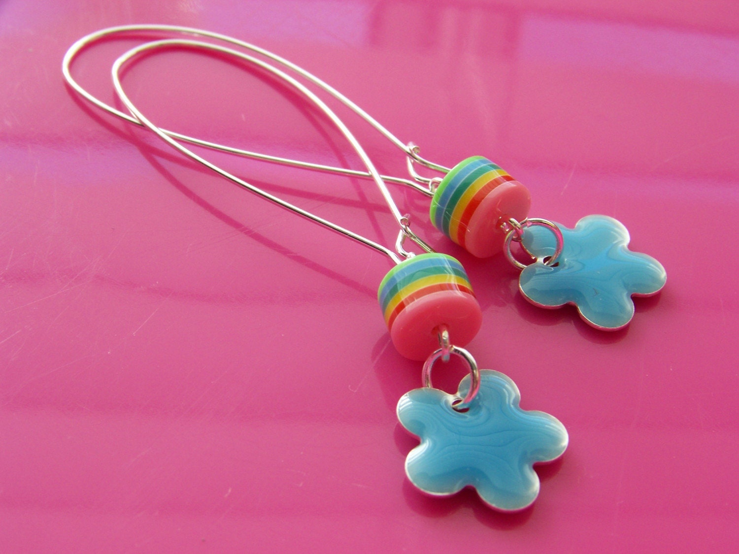 earrings - SUMMER sky blue enamel flower drops - FREE SHIPPING