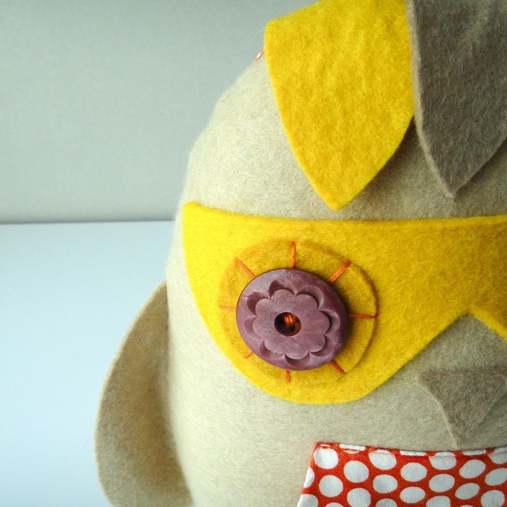 Softie - Oscar the Orange Owl - felt plush with fabric feathers