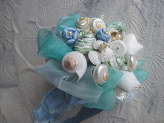 Aquamarine Seashell Bridal Bouquet and Bout From iDoArtsyWeddings